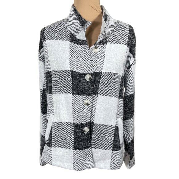 Christopher & Banks Fleece Jacket Black White Buffalo Plaid Size L Large - Picture 1 of 7
